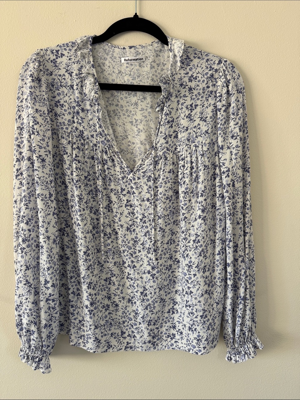 Reformation White and Periwinkle Blue Floral V-Neck Peasant Blouse